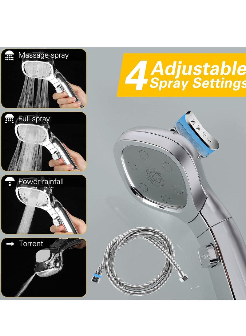 Shower Head, Universal High Pressure Heads, Stainless Steel Chrome Finish Bath Showerhead with 4 Spray Modes, Double Boost Water Saving Handheld 1.5m Hose Silver - Image 2